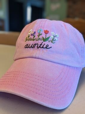 Pink 'auntie' Hand Embroidered Floral Baseball Cap